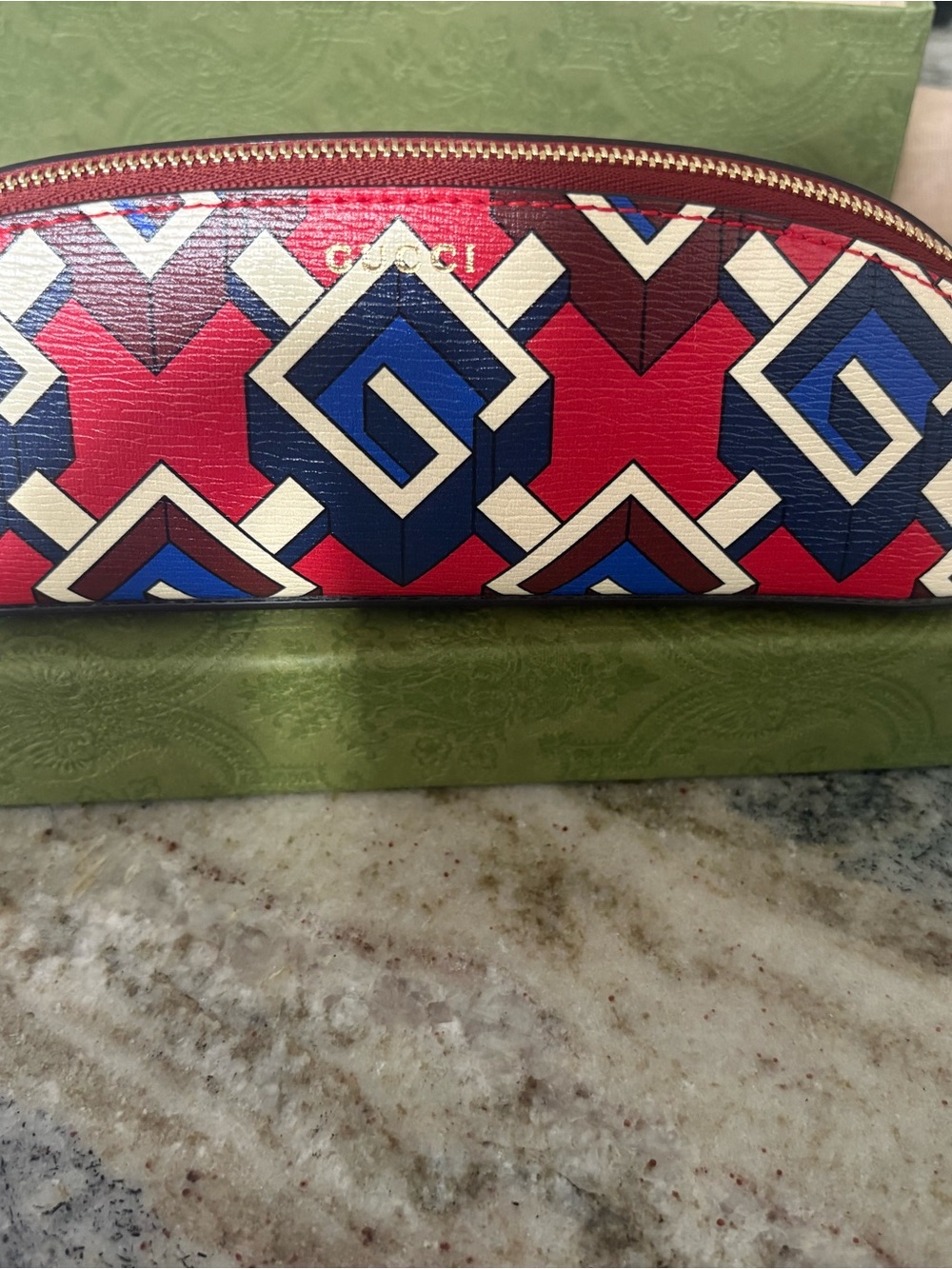 Gucci Navy and Red Leather Zip Pouch with Gold Hardware